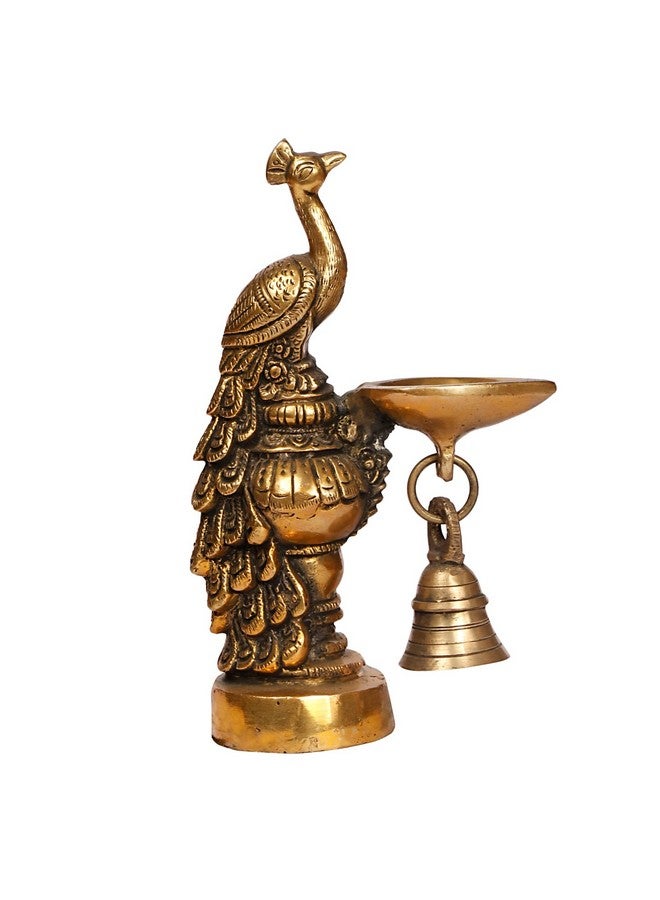 ARTVARKO Brass Peacock Diya with Bell Table Décor with Stand for Home Diwali Gift Temple Pooja Gold Color Height 6.5 Inch - Image 2
