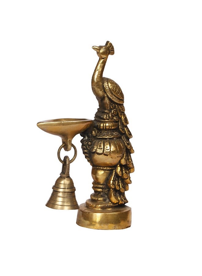 ARTVARKO Brass Peacock Diya with Bell Table Décor with Stand for Home Diwali Gift Temple Pooja Gold Color Height 6.5 Inch - Image 4