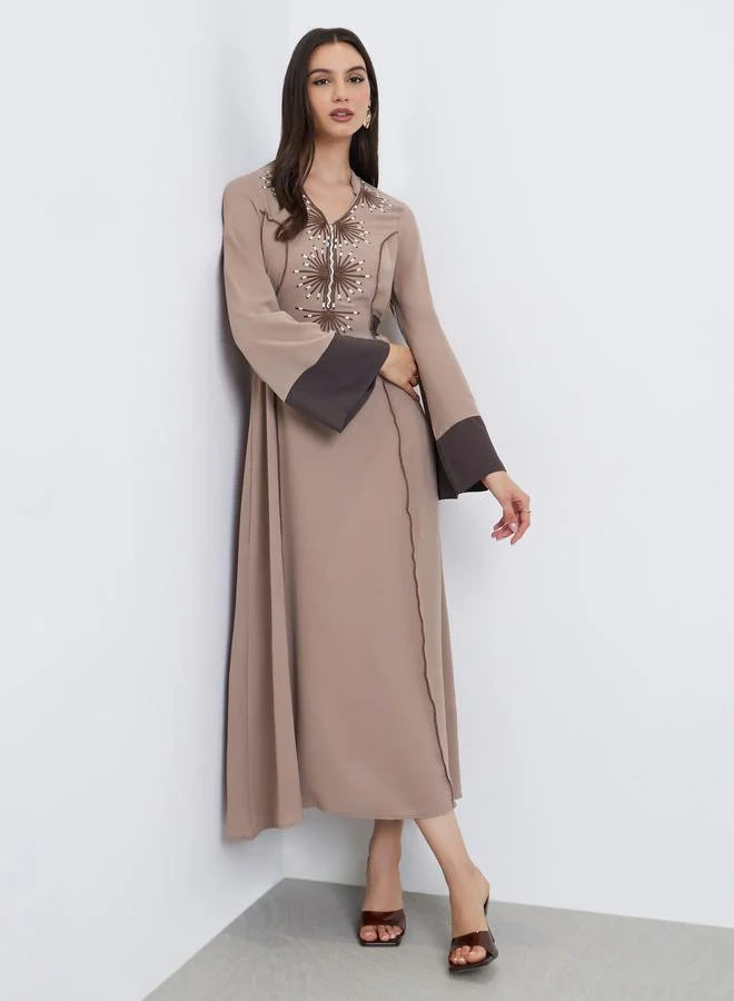 Beige Embroidery Back Tie A-Line Maxi Dress