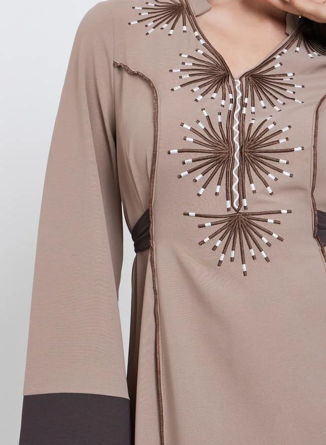Take Two  Beige Embroidery Back Tie A-Line Maxi Dress for Women | Best Price UAE