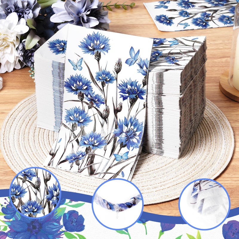 Homlouue Homlouue 100PCS Cornflower Floral Napkins  3 Ply Disposable Hand Towels for Bathroom  Floral Paper Napkins Disposable Dinner Napkins for Spring Wedding Baby Shower Bridal Shower Birthday Tea Party  - Image 2