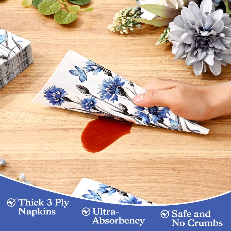 Homlouue Homlouue 100PCS Cornflower Floral Napkins  3 Ply Disposable Hand Towels for Bathroom  Floral Paper Napkins Disposable Dinner Napkins for Spring Wedding Baby Shower Bridal Shower Birthday Tea Party  - Image 3
