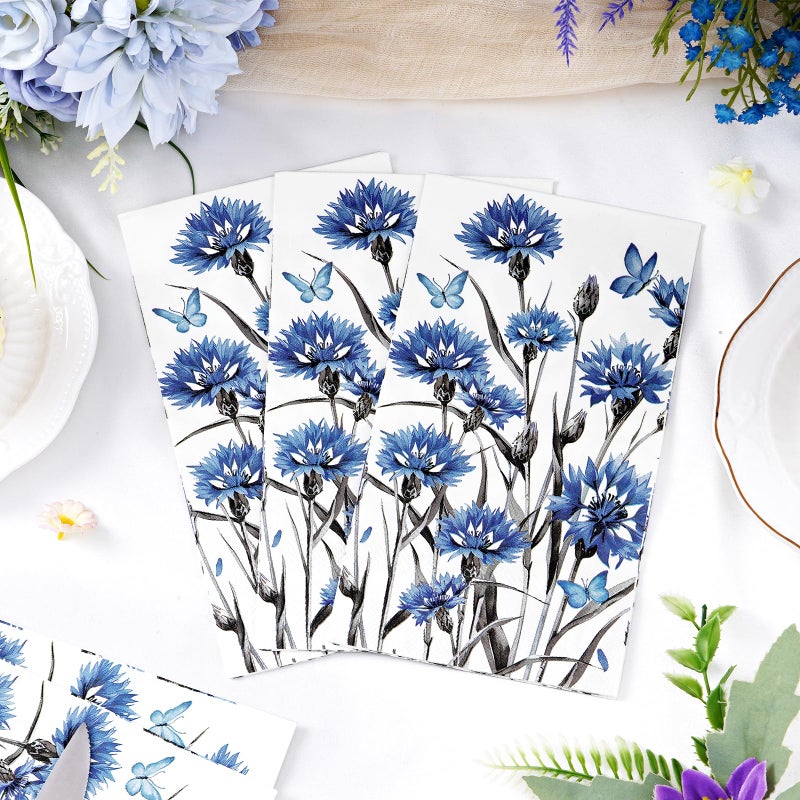 Homlouue Homlouue 100PCS Cornflower Floral Napkins  3 Ply Disposable Hand Towels for Bathroom  Floral Paper Napkins Disposable Dinner Napkins for Spring Wedding Baby Shower Bridal Shower Birthday Tea Party  - Image 1