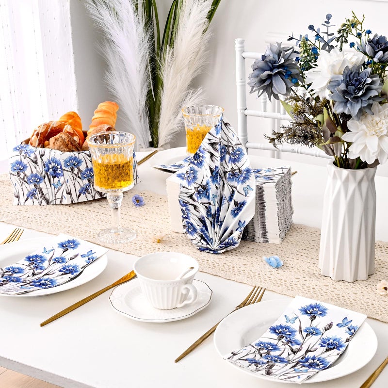 Homlouue Homlouue 100PCS Cornflower Floral Napkins  3 Ply Disposable Hand Towels for Bathroom  Floral Paper Napkins Disposable Dinner Napkins for Spring Wedding Baby Shower Bridal Shower Birthday Tea Party  - Image 4