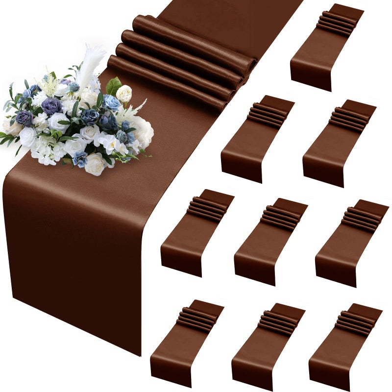 MILVOWOC 10 Pack Chocolate Brown Satin Table Runners, 12 x 108 Inch Bright Satin Silk Table Runner Smooth Fabric Decorative Table Runner for Wedding Banquet Party Birthday Graduation - Image 1