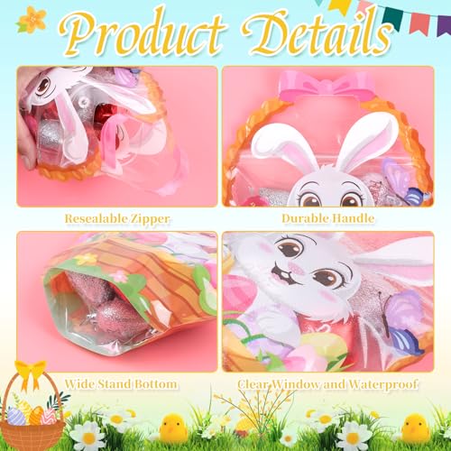 LOAVER 50 Pcs Easter Zip Lock Bags Plastic Sealing Pouches with Handles Resealable Bunny Candy Tote Bags for Easter Holiday Party Egg Hunt Gift Wrapping - Image 3