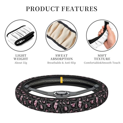 CTVSLFU Steering Wheel Cover Universal Fit Car Interior Accessories for Women Men 15 Inch Breathable Anti Slip Odorless Neoprene Steering Wheel Cover for Car Decor Protector - Black Pink Leopard 005 - Image 2