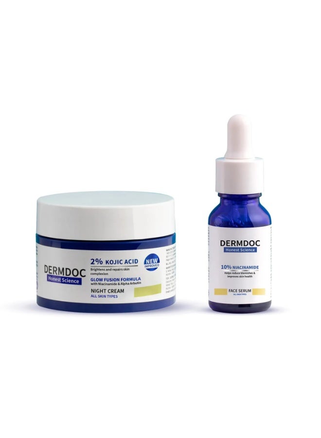 DermDoc Glowlixir Set of 2-10% Niacinamide Face Serum (15ml) & 2% Kojic Acid Night Cream with Niacinamide & Alpha Arbutin (50 g) | Skin Brightening Combo - Image 1