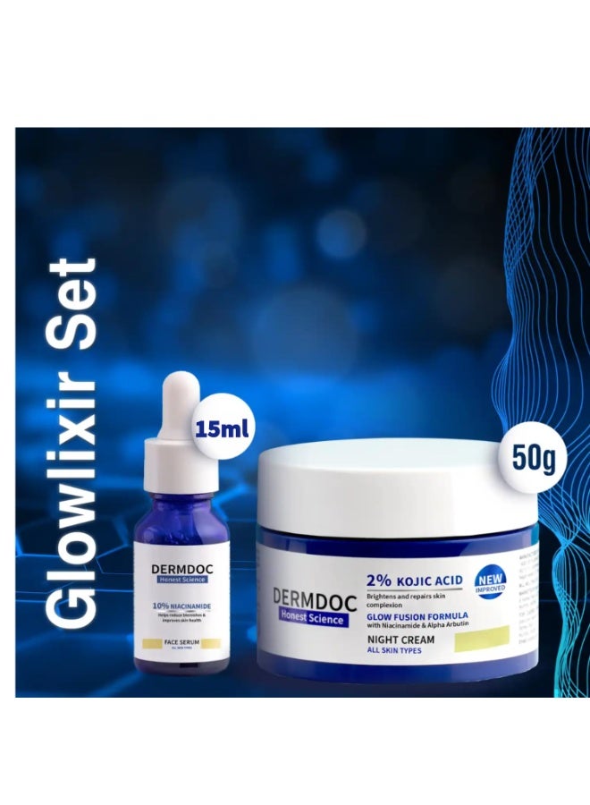DermDoc Glowlixir Set of 2-10% Niacinamide Face Serum (15ml) & 2% Kojic Acid Night Cream with Niacinamide & Alpha Arbutin (50 g) | Skin Brightening Combo - Image 2