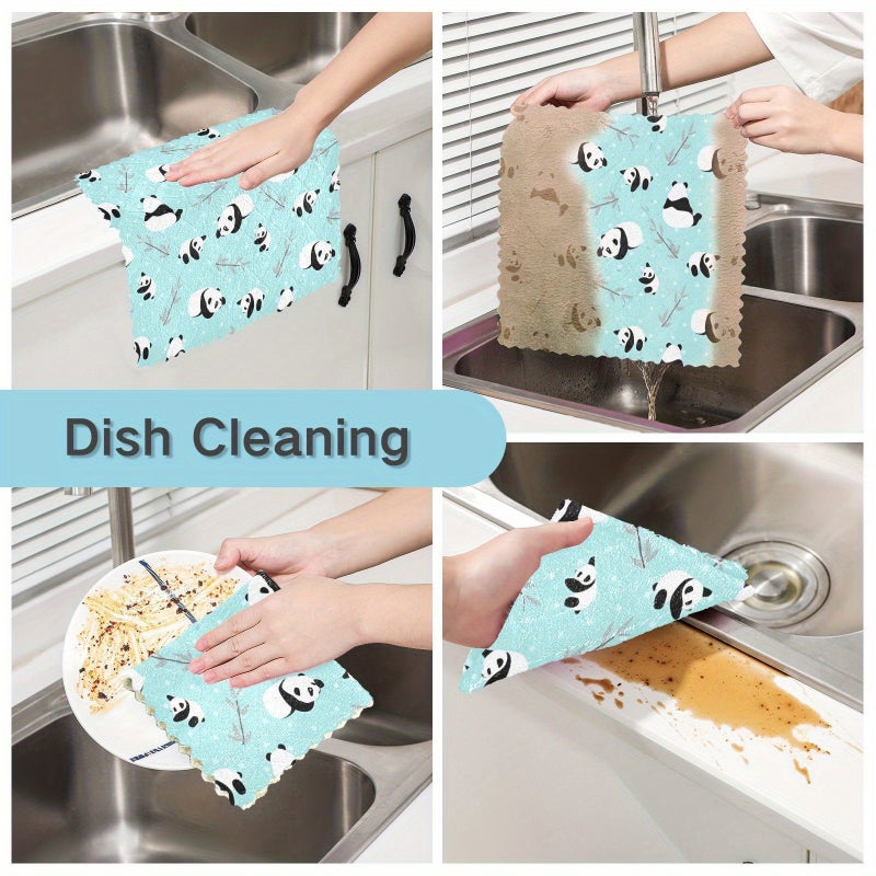 3 Pack Panda Pattern Kitchen Dishcloths 11.02x11.02 Inch Microfiber Cleaning Cloths Strong Water Absorbent Easy To Clean Thickened Soft Coral Fleece Multi Functional Travel Towels - Image 2