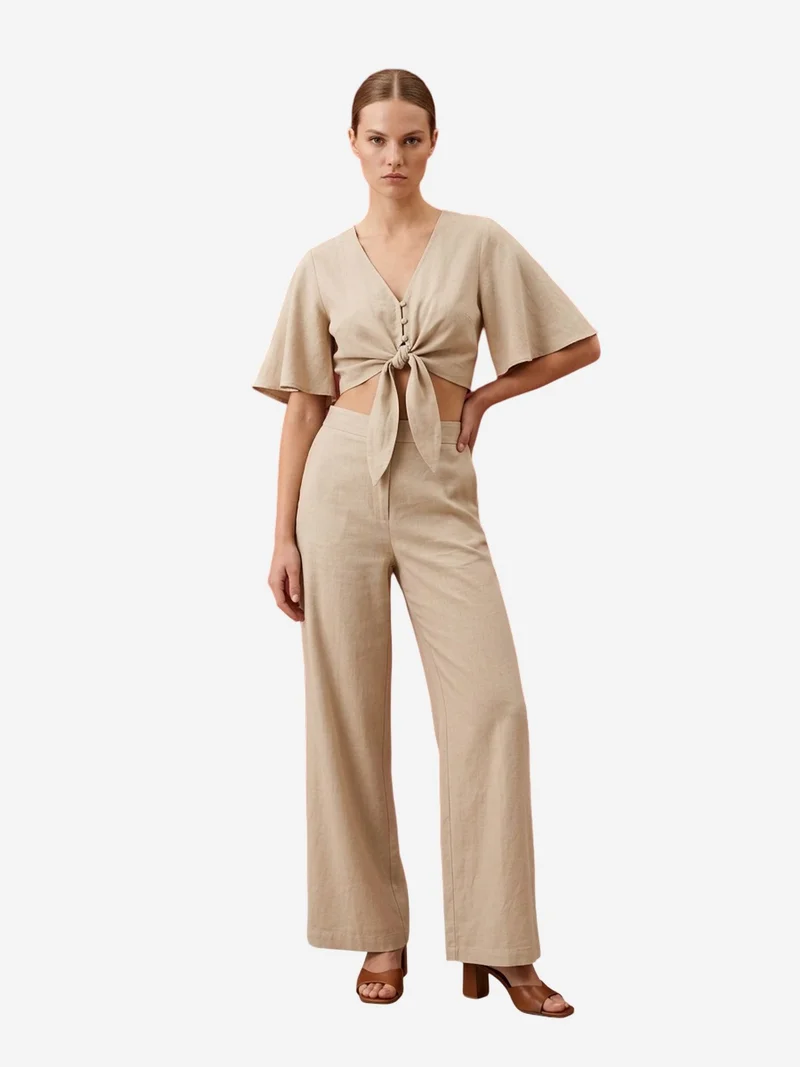 My Fashion Beige Natural MY FASHION Cotton Co-ord Set with Tie Detail for Women | Best Price UAE