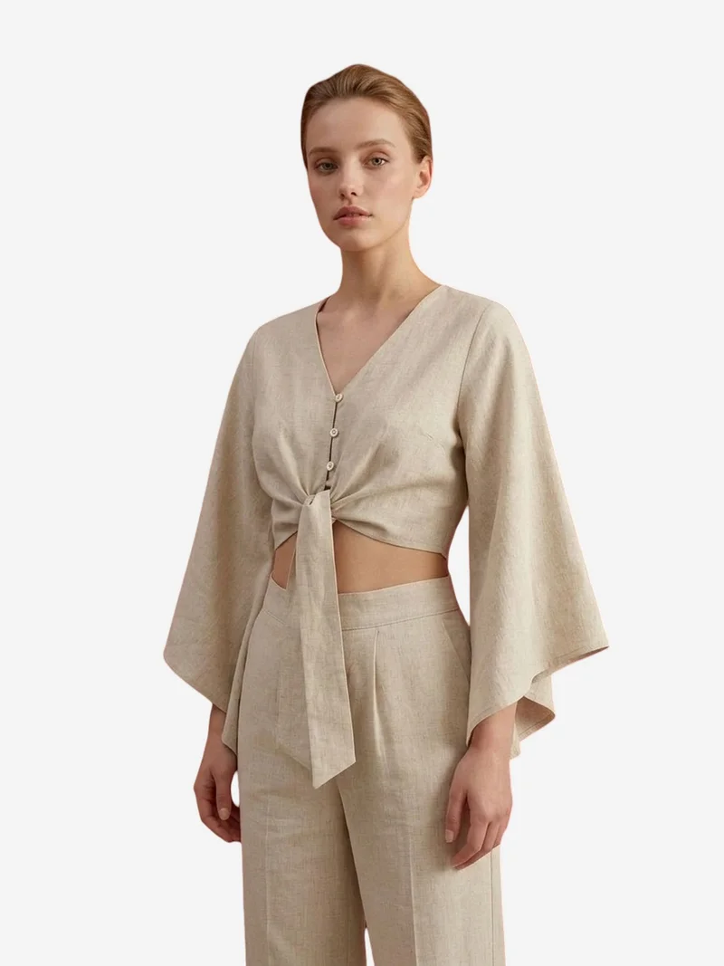 My Fashion Beige Natural MY FASHION Cotton Co-ord Set with Tie Detail for Women | Best Price UAE