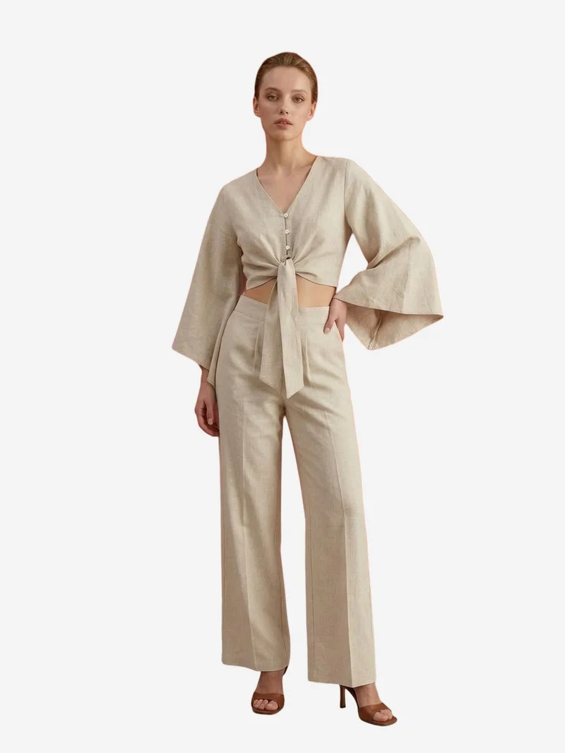 My Fashion Beige Natural MY FASHION Cotton Co-ord Set with Tie Detail for Women | Best Price UAE