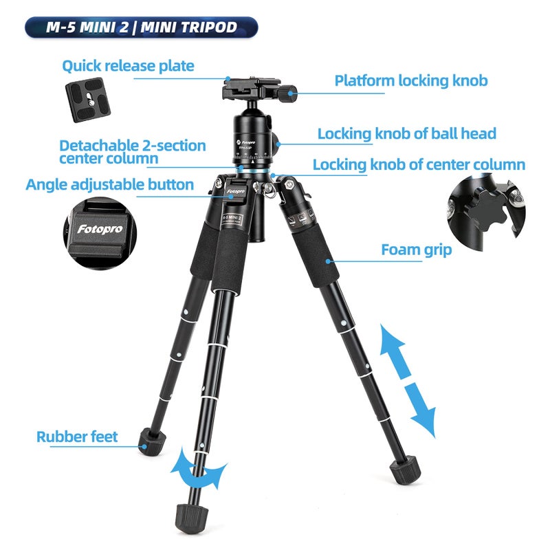 Fotopro Mini Tripod Portable Desktop Aluminum Small Camera Tripod with 360 Ball Head 20 Inch Compact Tabletop Tripod for DSLR Camera Video Camcorder Travel with Carrying Bag Load up to 11lbs/5kg - Image 2