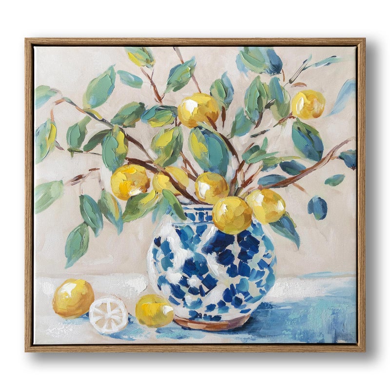 JolyWell Framed Vintage Kitchen Wall Art, hand-painted Yellow Lemon Still Life Wall Decor Oil Paintings, Rustic Farmhouse Artwork Canvas Prints and handmede Pictures for Living Room Bedroom Home Decor 17x17 In - Image 1