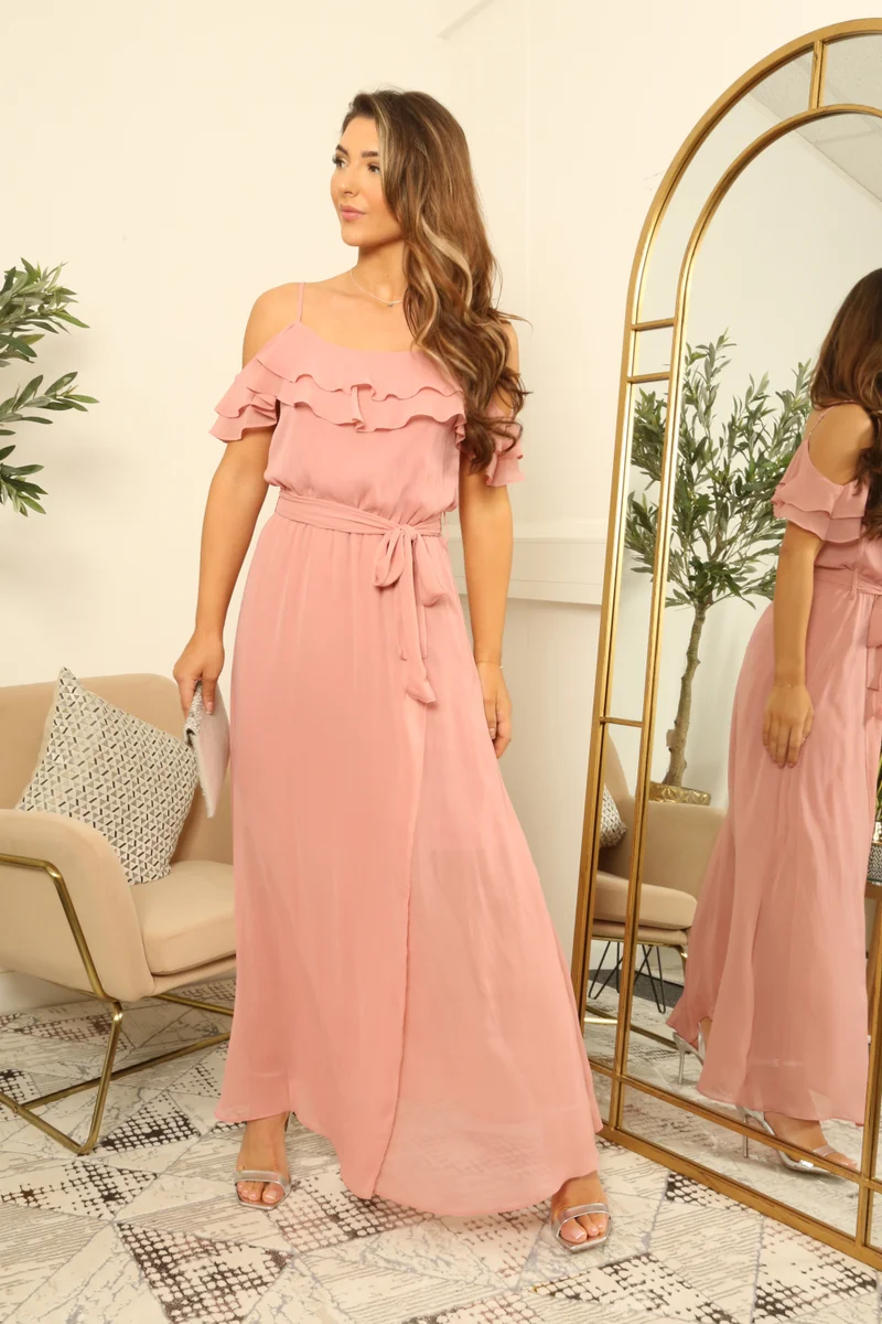 Double Second Pink Double Frill Off Shoulder Wrap Maxi Dress