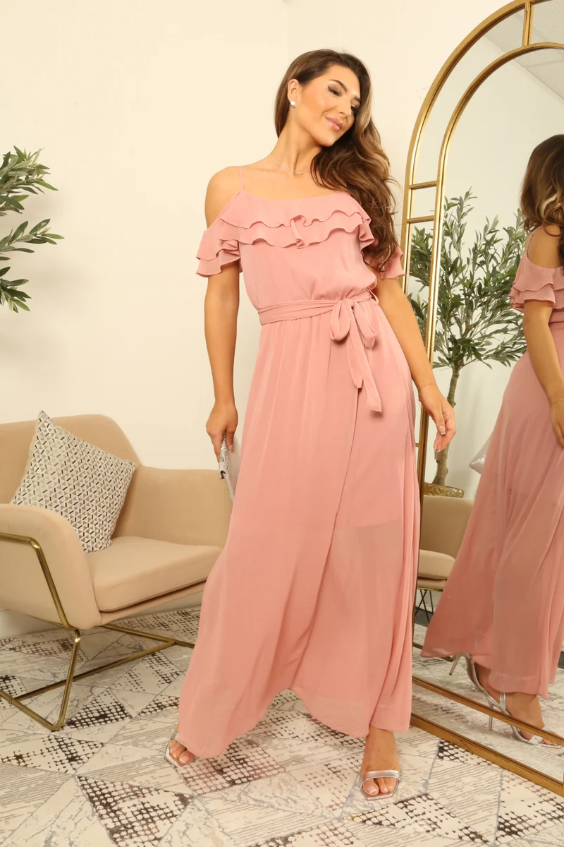 Double Second Pink Pink Double Frill Off Shoulder Wrap Maxi Dress for Women | Best Price UAE