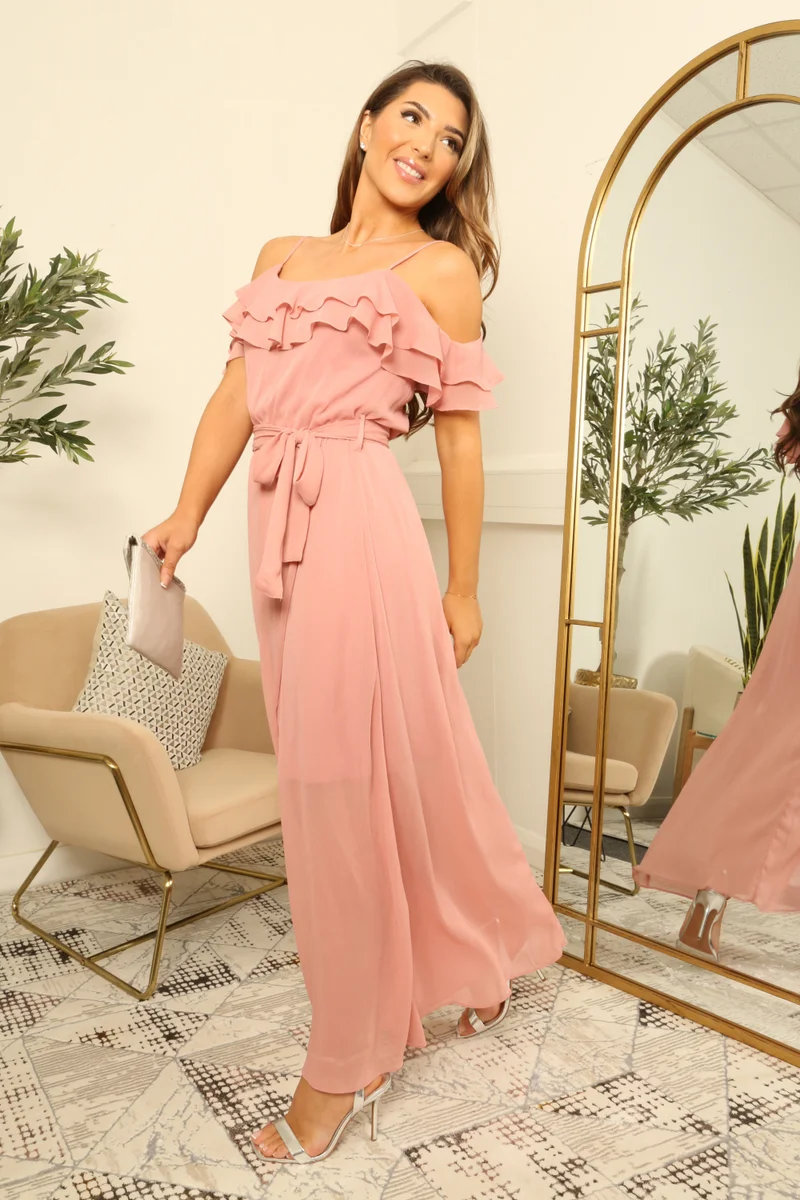 Double Second Pink Pink Double Frill Off Shoulder Wrap Maxi Dress for Women | Best Price UAE