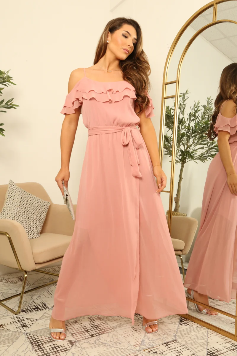 Double Second Pink Pink Double Frill Off Shoulder Wrap Maxi Dress for Women | Best Price UAE