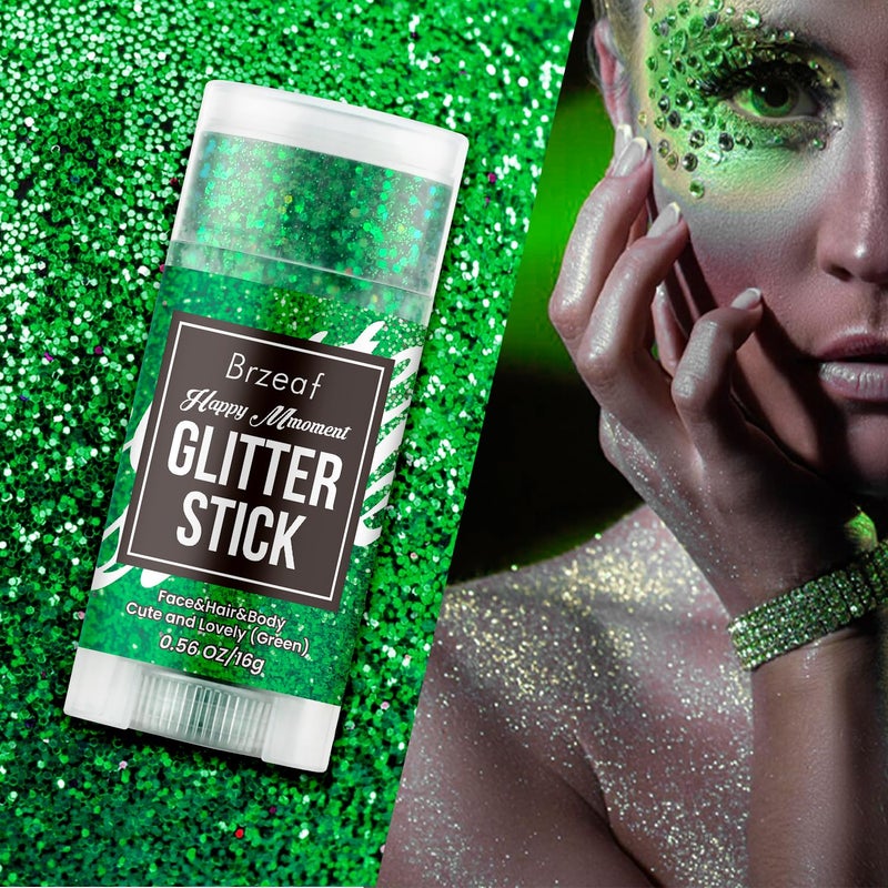 Brzeaf Waterproof Christmas Green Glitter Stick, Chunky Glitter for Face/Body/Hair/Eyes/Lip, Singer Concert Music Rave Festival, Glitter Stick Makeup & Face Glitter Gel for Women Men 0.56 OZ - Image 2