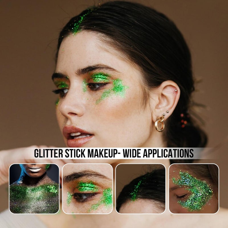 Brzeaf Waterproof Christmas Green Glitter Stick, Chunky Glitter for Face/Body/Hair/Eyes/Lip, Singer Concert Music Rave Festival, Glitter Stick Makeup & Face Glitter Gel for Women Men 0.56 OZ - Image 3