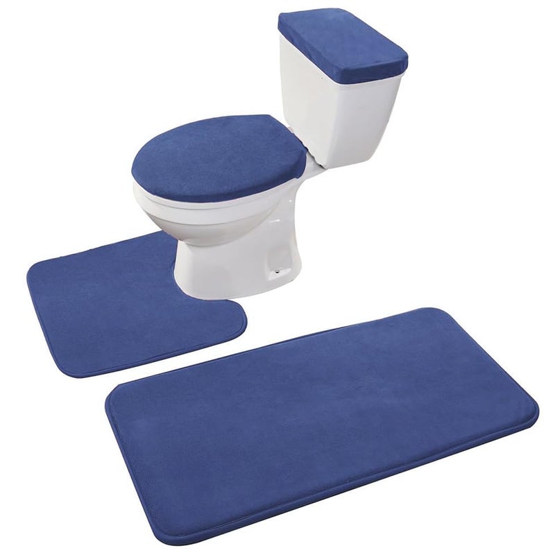 Madeals Memory Foam Bathroom Toilet Rug Set 4 Piece with Toilet Lid Cover and Tank Covers Navy Blue - Image 1