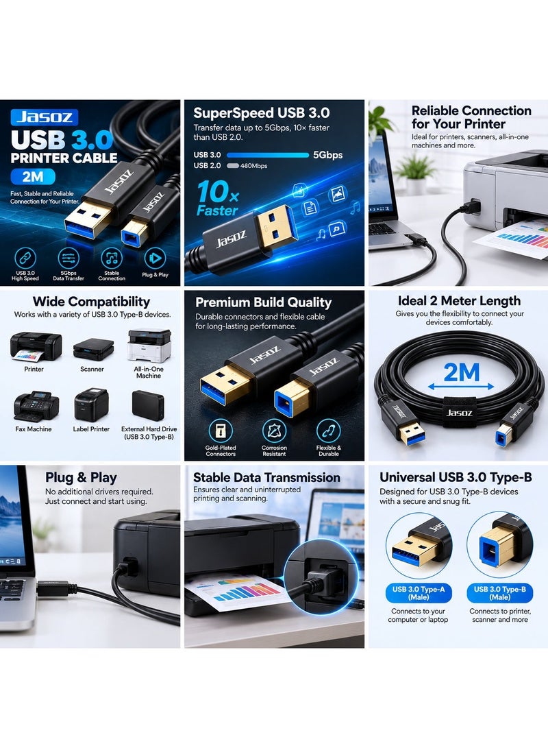 JASOZ D113 USB 3.0 Printer Cable 2M, USB-A Male to USB-B Male High Speed Cable, 5Gbps Data Transfer Cable for Printer, Scanner, PC, Laptop and USB Devices - Image 5