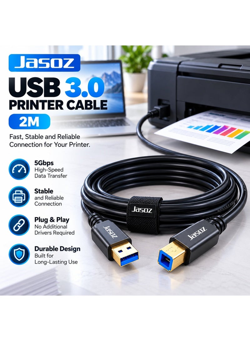 JASOZ D113 USB 3.0 Printer Cable 2M, USB-A Male to USB-B Male High Speed Cable, 5Gbps Data Transfer Cable for Printer, Scanner, PC, Laptop and USB Devices - Image 1