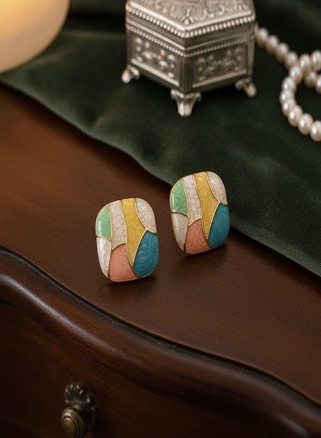 Inites Korean Style Multicolor Enamel Square Shape Earrings Stud For Womens And Girls | Trending Elegant Enameled Geometric Mosaic Pattern Square Stud Earrings Stylish Love Gifts Jewellery (1 Pair) - Image 2
