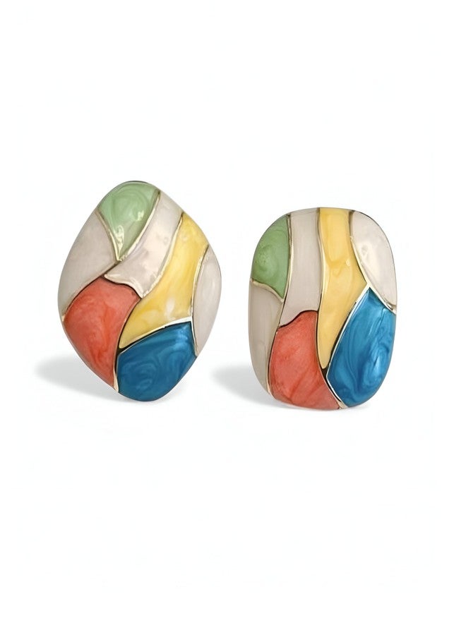 Inites Korean Style Multicolor Enamel Square Shape Earrings Stud For Womens And Girls | Trending Elegant Enameled Geometric Mosaic Pattern Square Stud Earrings Stylish Love Gifts Jewellery (1 Pair) - Image 1