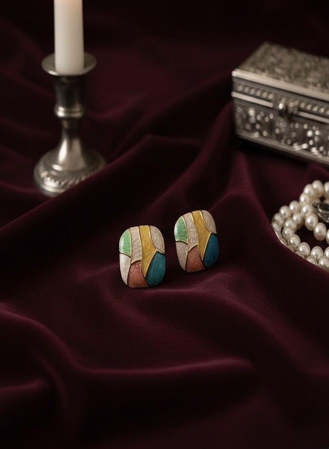Inites Korean Style Multicolor Enamel Square Shape Earrings Stud For Womens And Girls | Trending Elegant Enameled Geometric Mosaic Pattern Square Stud Earrings Stylish Love Gifts Jewellery (1 Pair) - Image 5