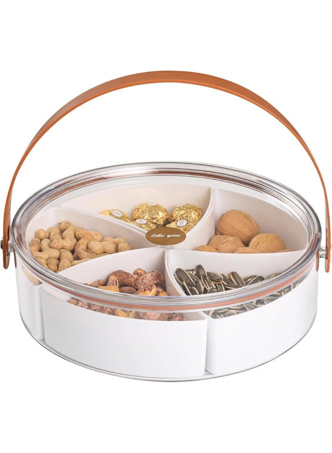 صينية تقديم مقسمة، شفافة مع غطاء ومقبض، خفيفة محمولة للوجبات الخفيفة والفواكه تحتوي على 5 أقسام، حافظة منظِّمة للحلويات والفواكه والمكسرات والوجبات الخفيفة - Image 1