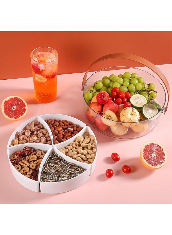 صينية تقديم مقسمة، شفافة مع غطاء ومقبض، خفيفة محمولة للوجبات الخفيفة والفواكه تحتوي على 5 أقسام، حافظة منظِّمة للحلويات والفواكه والمكسرات والوجبات الخفيفة - Image 2
