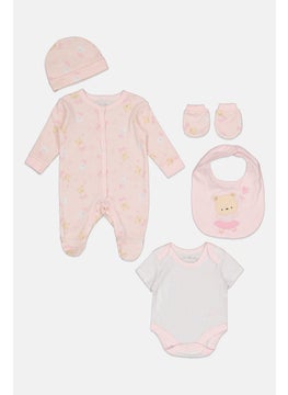 Rock-A-Bye Baby Boutique Toddlers Girl 5 Piece Allover Print Rompers Set, Pink Combo  - Image 1