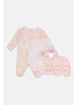 Rock-A-Bye Baby Boutique Toddlers Girl 5 Piece Allover Print Rompers Set, Pink Combo  - Image 3