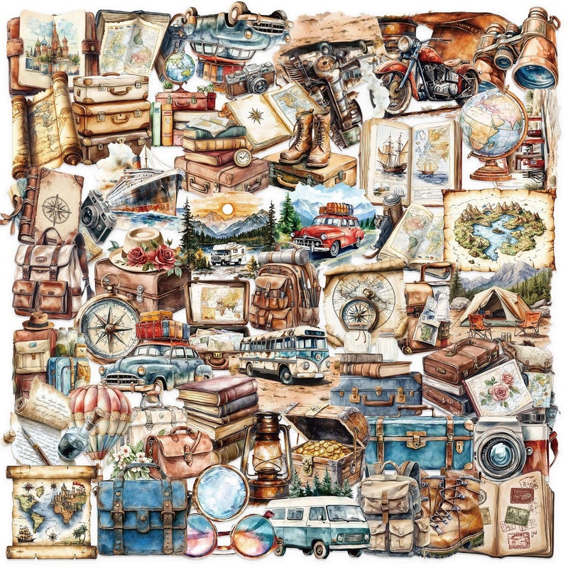 YOKSAS 50PCS Vintage Travel Adventure Clear Scrapbook Stickers â€“ Retro Outdoor Expedition Aesthetic, Waterproof Decorative Antique Decals for Journaling, Luggage, Laptop, Art Ablum Supplies - Image 1