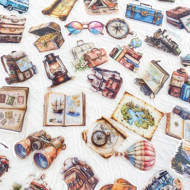 YOKSAS 50PCS Vintage Travel Adventure Clear Scrapbook Stickers â€“ Retro Outdoor Expedition Aesthetic, Waterproof Decorative Antique Decals for Journaling, Luggage, Laptop, Art Ablum Supplies - Image 3