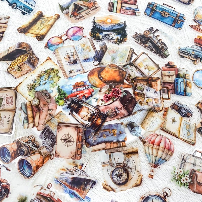 YOKSAS 50PCS Vintage Travel Adventure Clear Scrapbook Stickers â€“ Retro Outdoor Expedition Aesthetic, Waterproof Decorative Antique Decals for Journaling, Luggage, Laptop, Art Ablum Supplies - Image 2