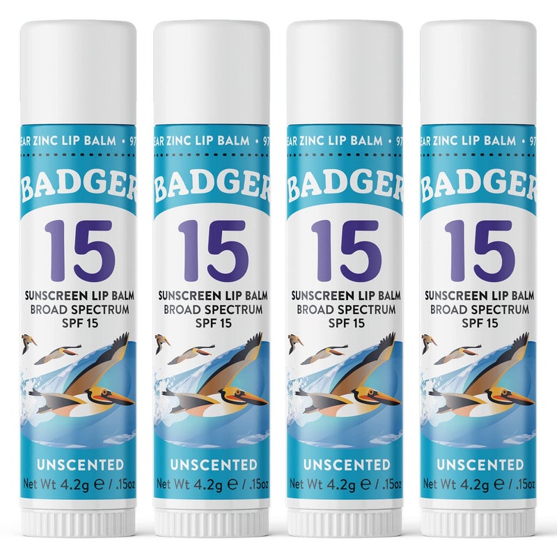 Badger Mineral Sunscreen Lip Balm SPF 15, Reef Safe, Zinc Oxide, Unscented, Travel Size, SPF Lip Balm Sunscreen Stick, .15 oz 4-Pack - Image 1