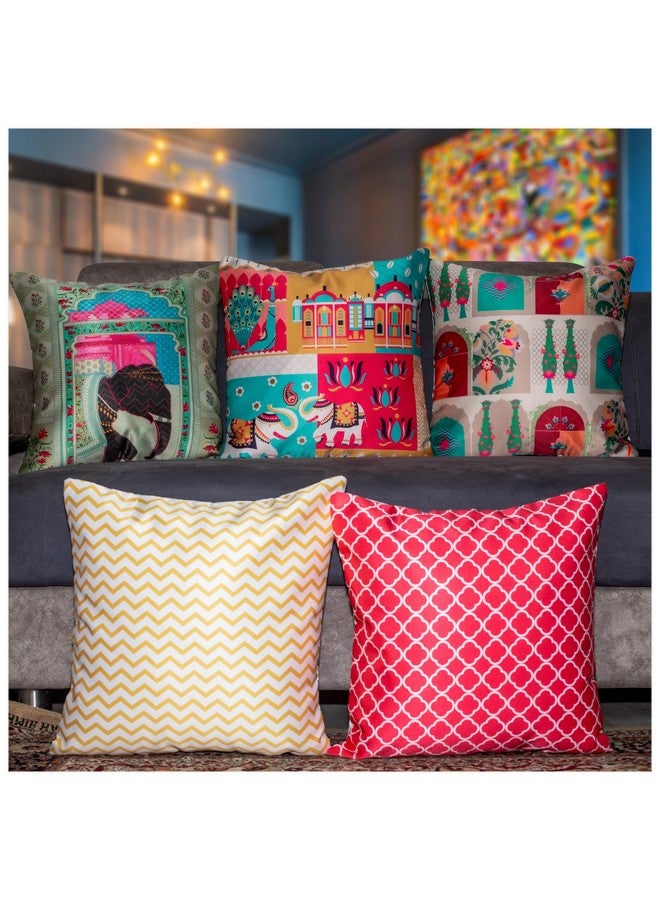 Vendola Decorative Satin 250TC Sofa Cushion Pillow Covers, Multicolor, Set of 5 Ethnic Cushion Covers(Majestic,16x16 Inches) - Image 1