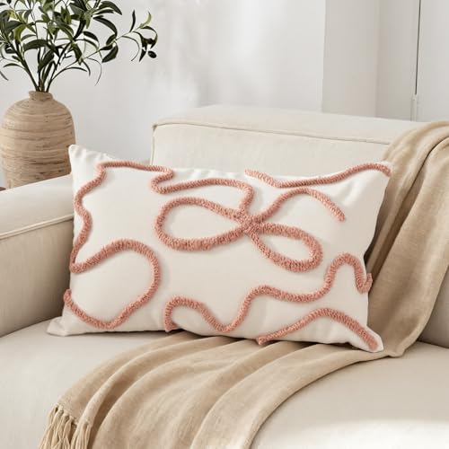 RinRinfam Pink Coquette Bow Throw Pillow Cover 12x 20, Boho Tufted Neutral Linen Pillow Cases Girls Bedroom Decor for Outdoor Couch Bedroom Car, Mauve - Image 1