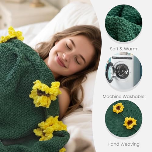 SALIMAH Flower Bouquet Blanket, Valentines Day Gifts for Her Wife Girlfriend Grandkids Mom,Completed Crochet Flower Blanket,Soft Knitted Throw Blankets,Housewarming Gifts for Birthday Anniversary(Sunflowers) - Image 5