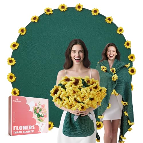 SALIMAH Flower Bouquet Blanket, Valentines Day Gifts for Her Wife Girlfriend Grandkids Mom,Completed Crochet Flower Blanket,Soft Knitted Throw Blankets,Housewarming Gifts for Birthday Anniversary(Sunflowers) - Image 1