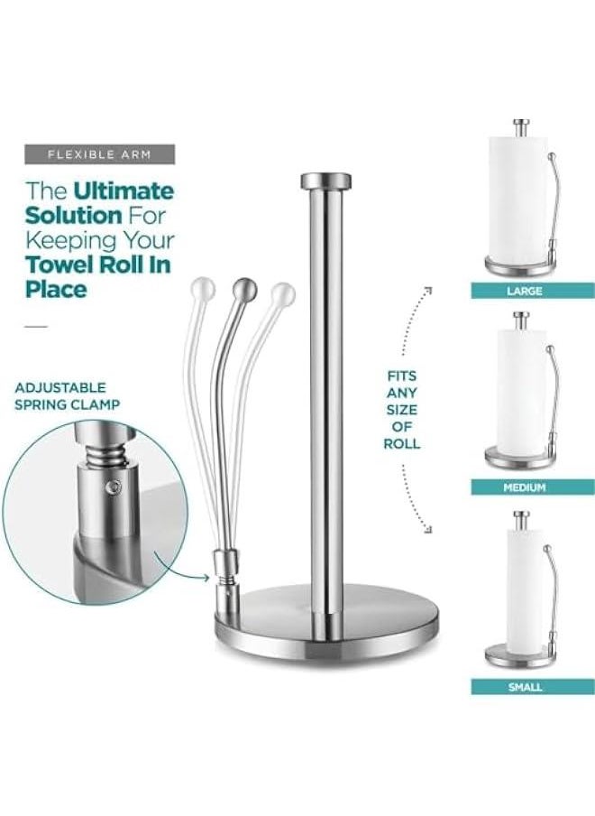 HOOKOR Paper Towel Holder, Paper Towel Dispenser Standing Weighted Base Non Slip, Spring Arm Fit Most Size Paper Roll, Stainless Steel Paper Towel Holder for Home Kitchen Countertop Tabletop, Silver  - Image 3