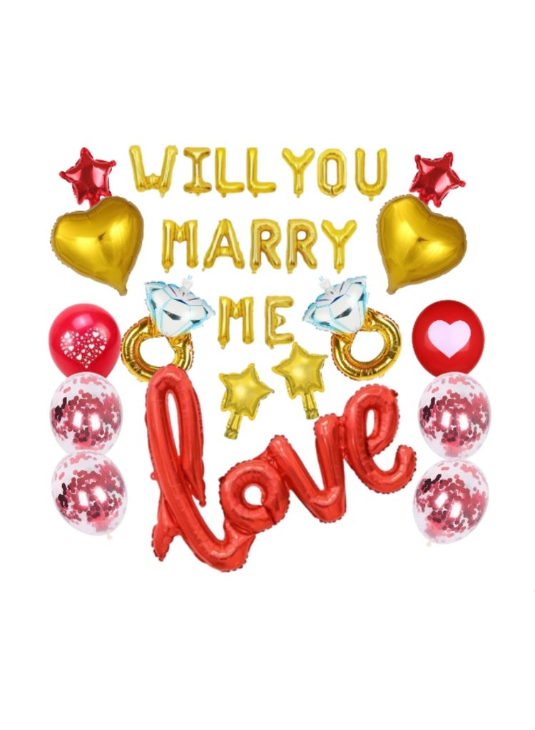 Will You Marry Me Balloon Set – Gold Foil Letters, Diamond Ring, Heart & Confetti Balloons with “Love” Script for Romantic Proposal & Engagement Decoration - Image 1