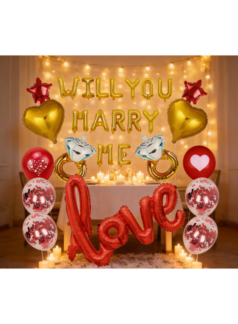 Will You Marry Me Balloon Set – Gold Foil Letters, Diamond Ring, Heart & Confetti Balloons with “Love” Script for Romantic Proposal & Engagement Decoration - Image 2