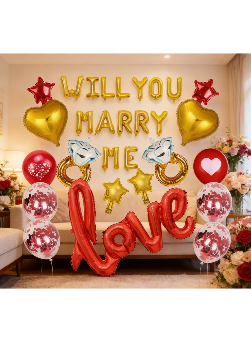Will You Marry Me Balloon Set – Gold Foil Letters, Diamond Ring, Heart & Confetti Balloons with “Love” Script for Romantic Proposal & Engagement Decoration - Image 3