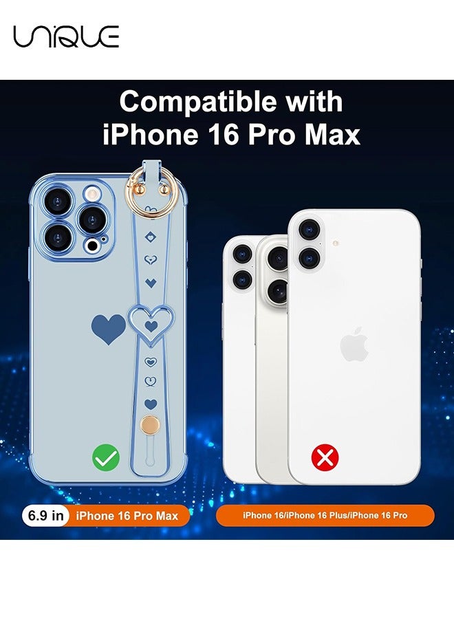 يونيك متوافق مع غطاء iPhone 16 Pro Max ، مسند حزام المعصم القابل للتعديل ، مصد طلاء الذهب الفاخر لطيف القلب ، غطاء غطاء واقي للنساء والفتيات والرجال ، أزرق - Image 2