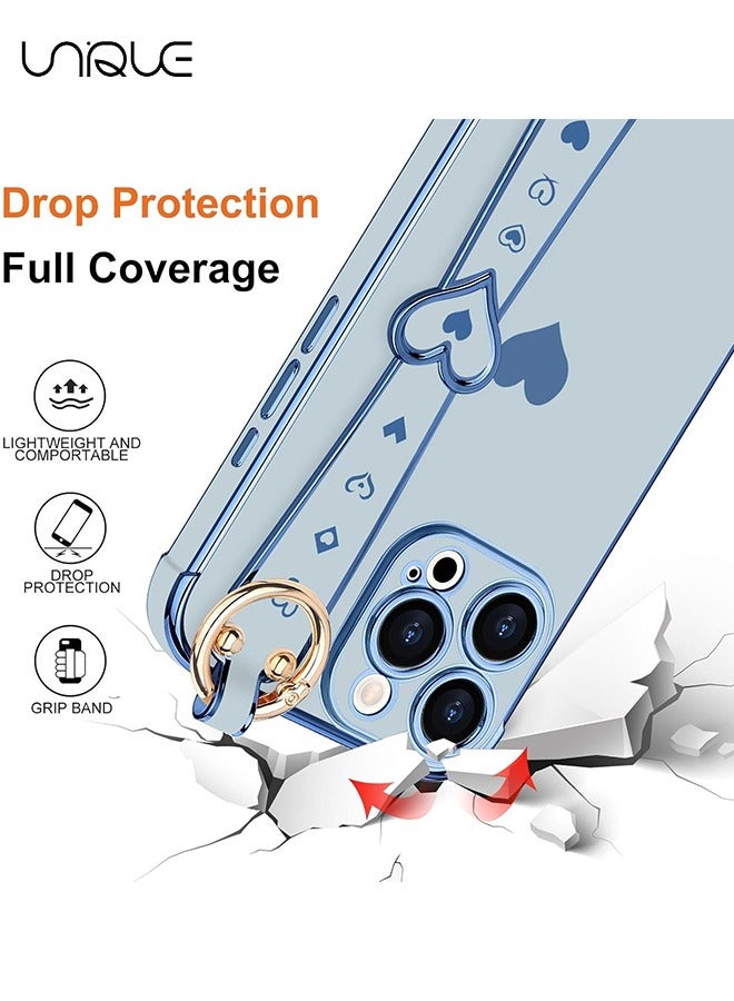 يونيك متوافق مع غطاء iPhone 16 Pro Max ، مسند حزام المعصم القابل للتعديل ، مصد طلاء الذهب الفاخر لطيف القلب ، غطاء غطاء واقي للنساء والفتيات والرجال ، أزرق - Image 3