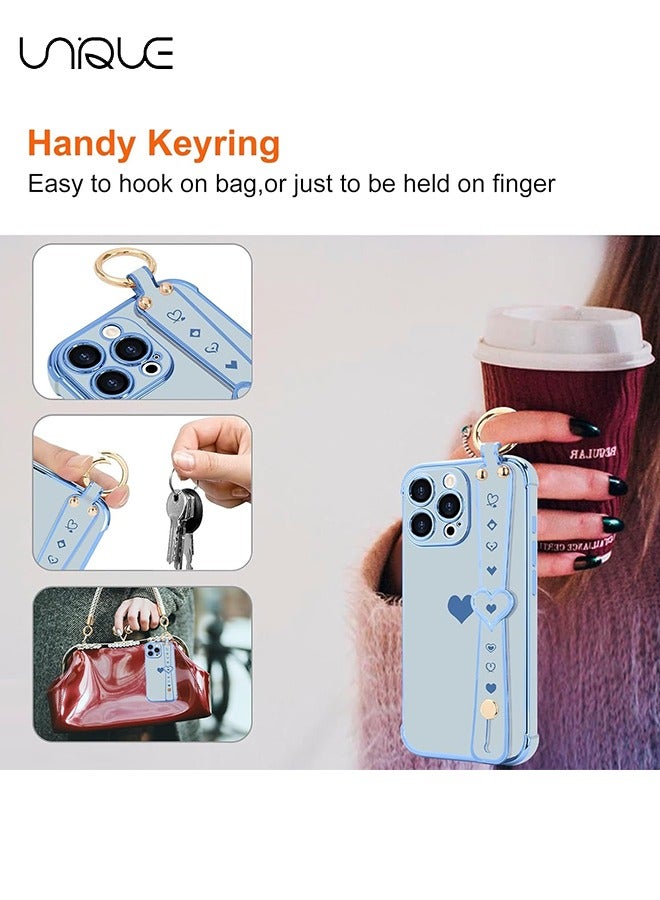 يونيك متوافق مع غطاء iPhone 16 Pro Max ، مسند حزام المعصم القابل للتعديل ، مصد طلاء الذهب الفاخر لطيف القلب ، غطاء غطاء واقي للنساء والفتيات والرجال ، أزرق - Image 5